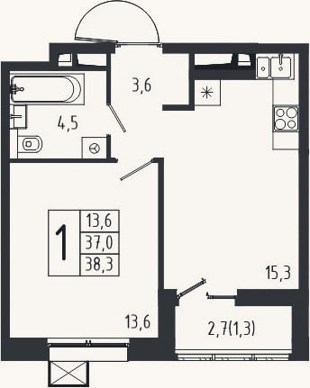 Планировка: 1-к, 37 м²