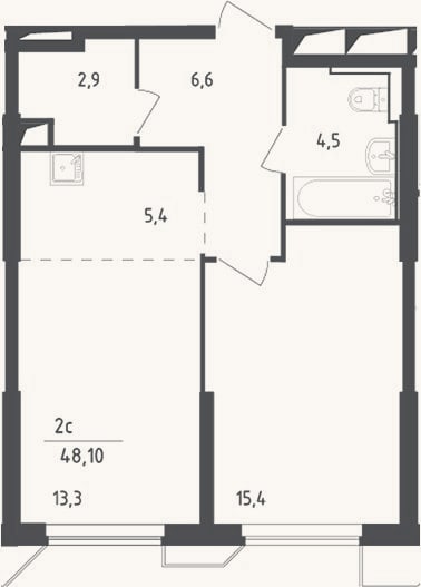 Планировка: 2-к, 48,1 м²