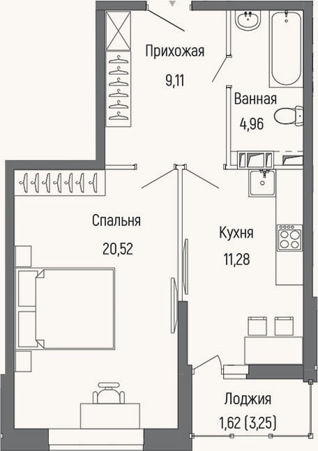 Планировка: 1-к, 45,9 м²