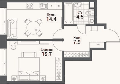 Планировка: 1-к, 42,5 м²