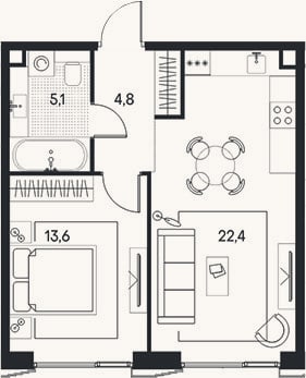Планировка: 2-к, 45,8 м²