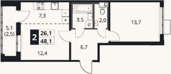 Планировка: 2-к, 45,6 м²