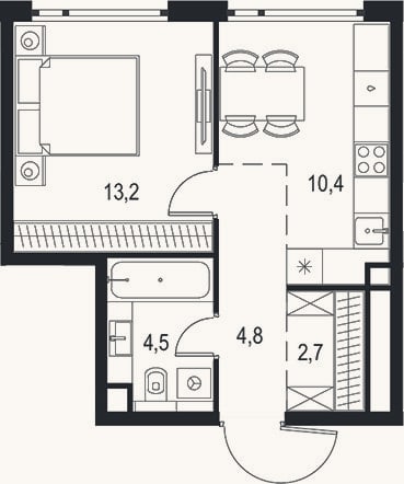 Планировка: 1-к, 35,6 м²