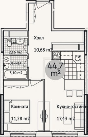 Планировка: 2-к, 47,9 м²
