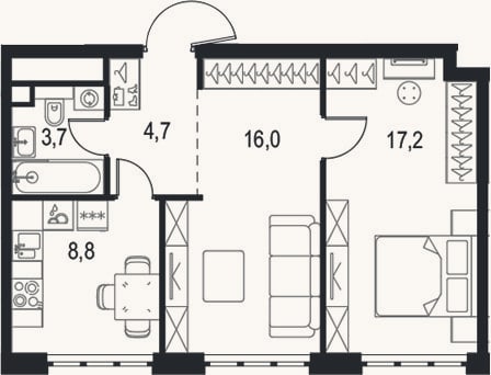 Планировка: 2-к, 50,4 м²
