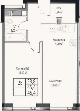 Планировка: 2-к, 45,4 м²