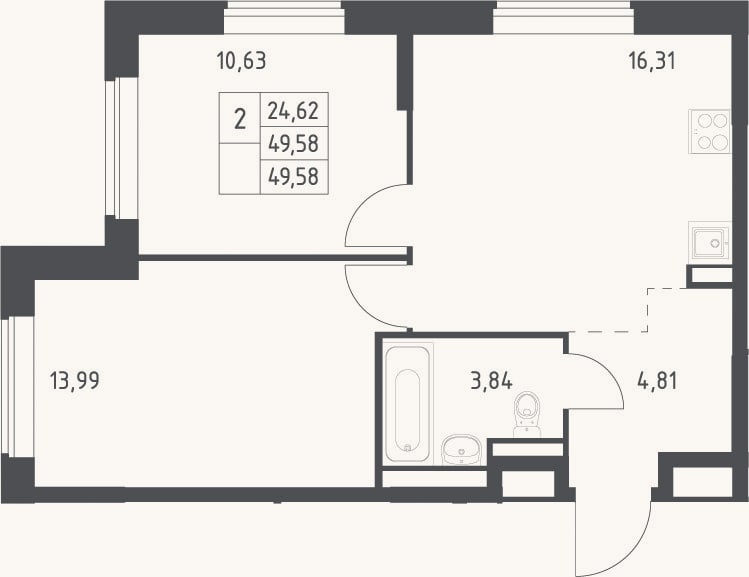 Планировка: 3-к, 49,6 м²