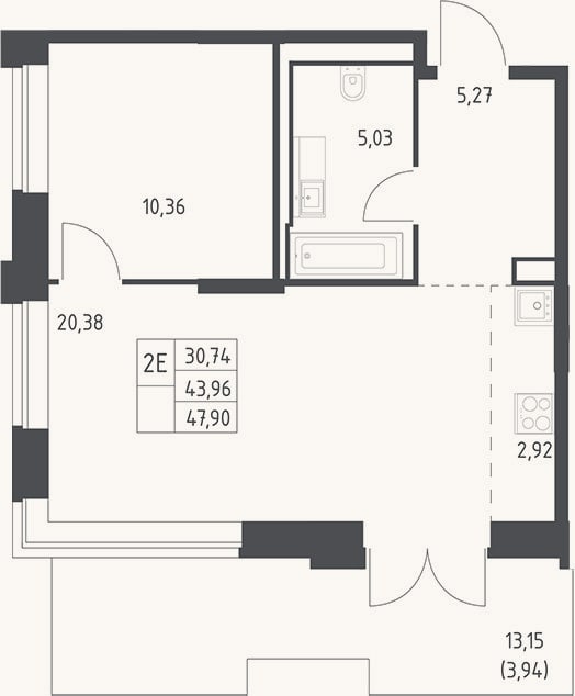 Планировка: 2-к, 44 м²