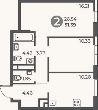 Планировка: 2-к, 51,4 м²