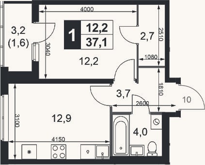Планировка: 1-к, 35,5 м²