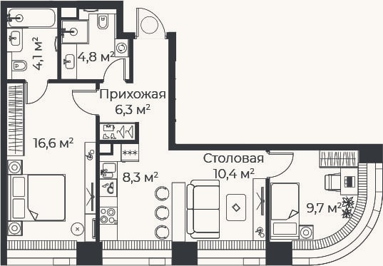 Планировка: 3-к, 60,2 м²