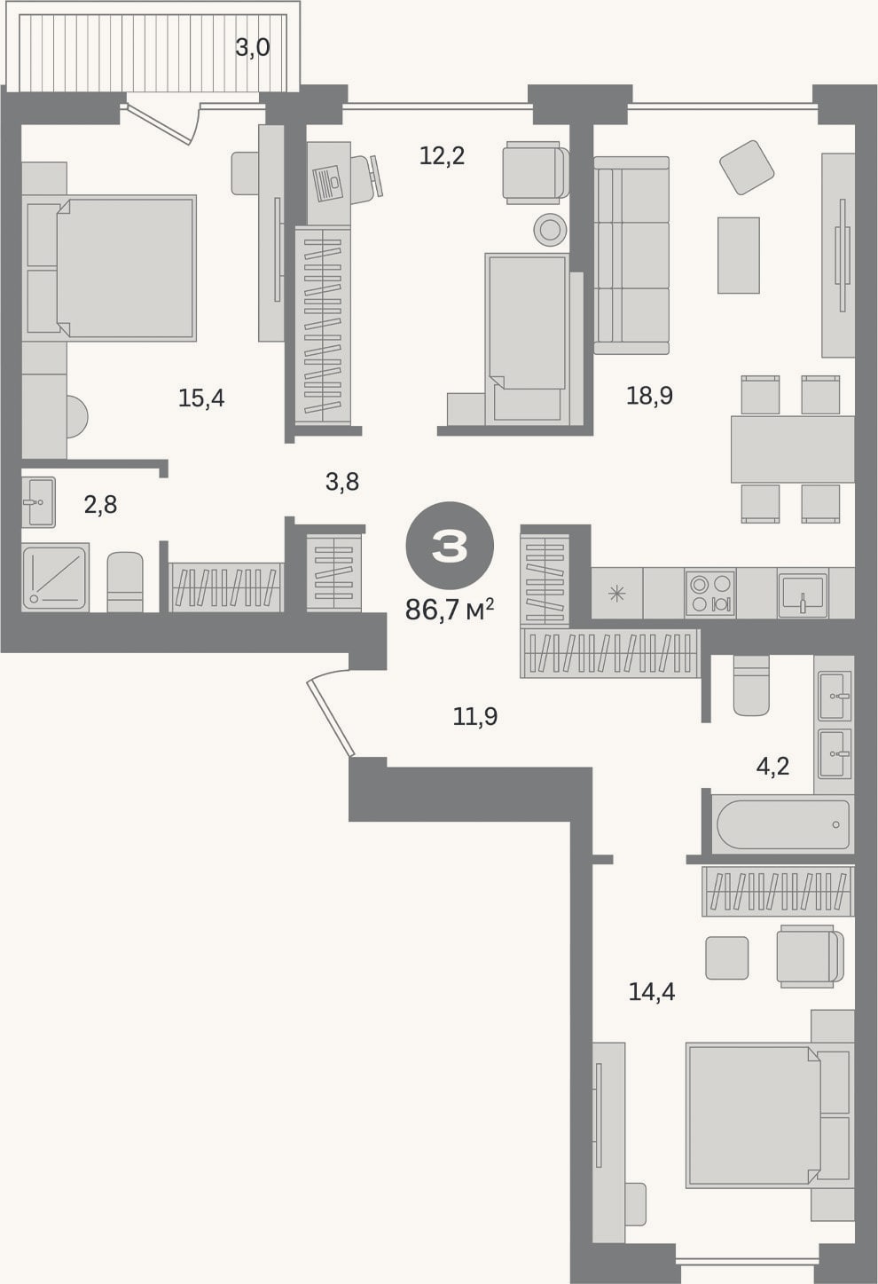 Планировка: 3-к, 83,7 м²