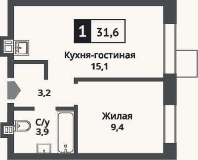Планировка: 2-к, 31,6 м²