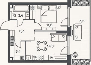 Планировка: 2-к, 38,8 м²