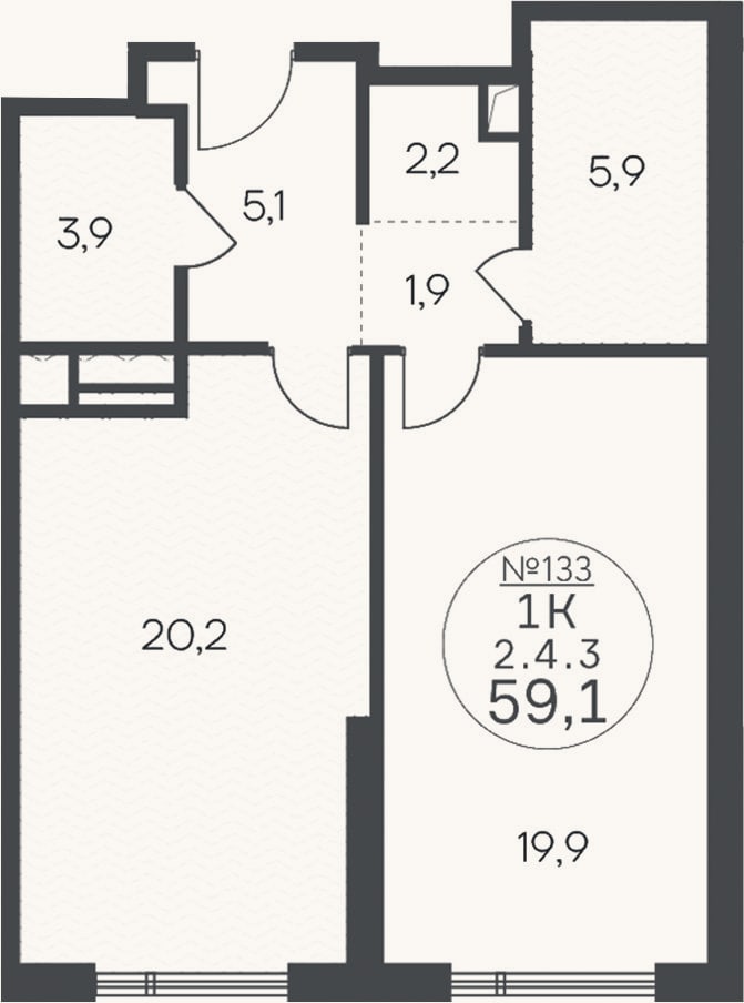 Планировка: 1-к, 59,1 м²