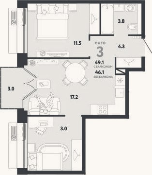 Планировка: 3-к, 46,1 м²