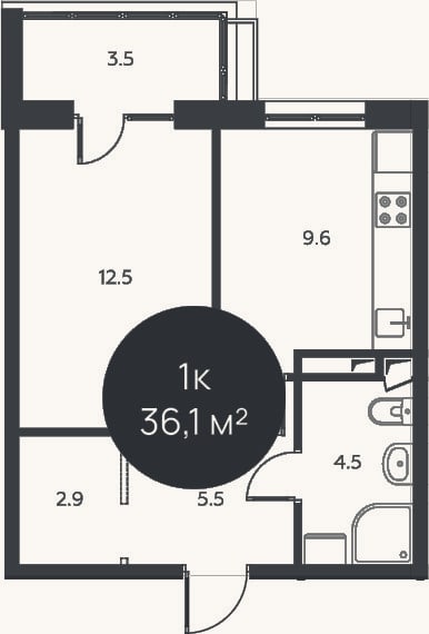 Планировка: 1-к, 35 м²