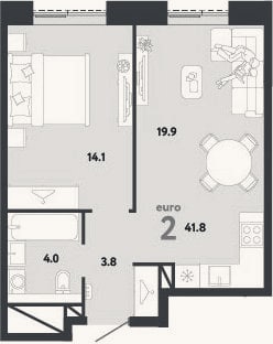 Планировка: 2-к, 41,8 м²