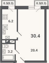 Планировка: 1-к, 29,8 м²