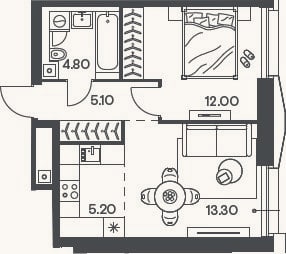 Планировка: 2-к, 40,4 м²