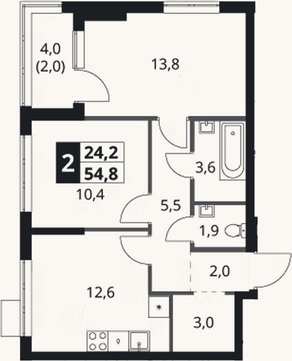 Планировка: 2-к, 52,8 м²