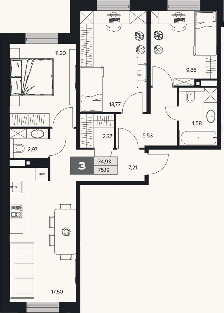 Планировка: 3-к, 75,2 м²