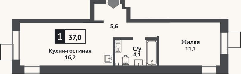 Планировка: 2-к, 37 м²
