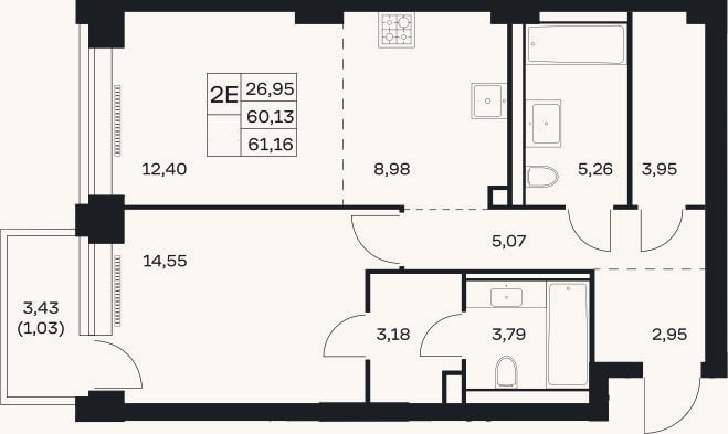 Планировка: 2-к, 60,1 м²