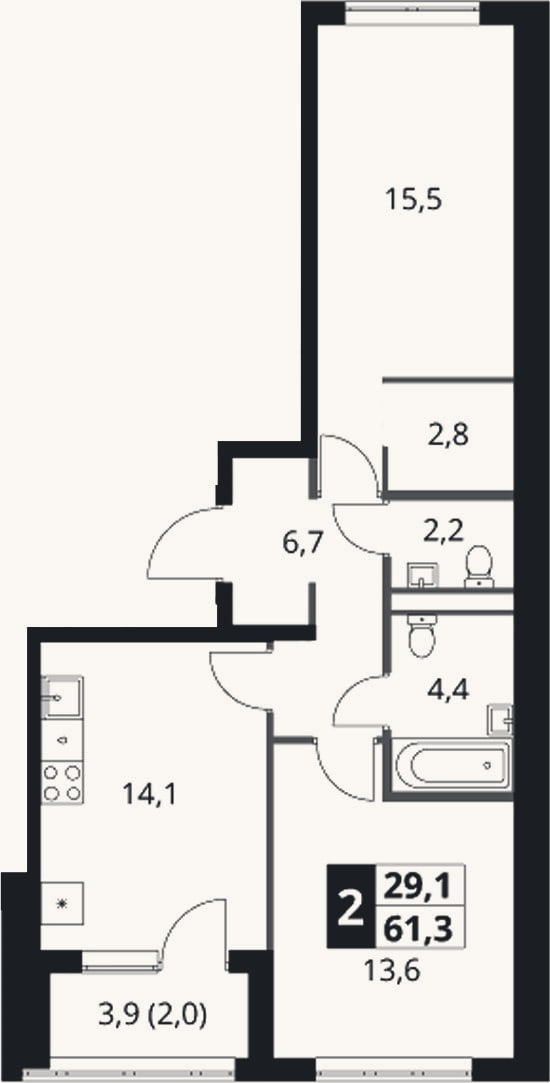Планировка: 2-к, 59,3 м²