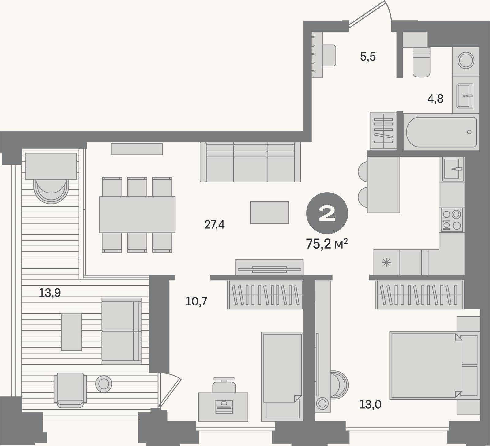 Планировка: 2-к, 61,3 м²