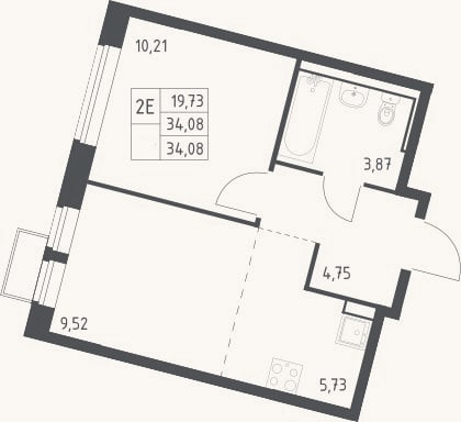 Планировка: 2-к, 34,1 м²