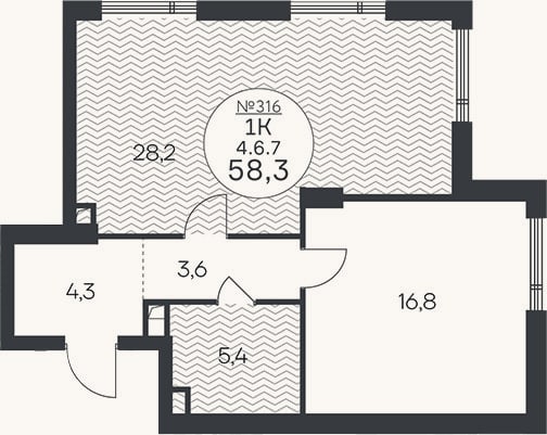 Планировка: 1-к, 58,3 м²