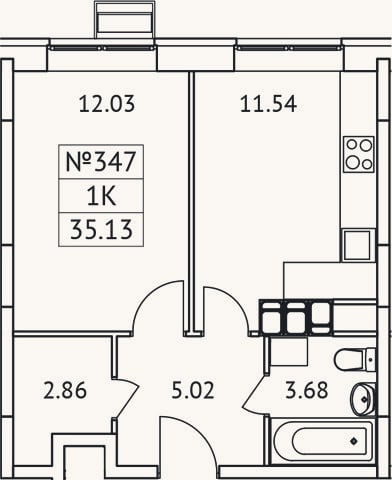 Планировка: 1-к, 35,1 м²