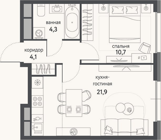 Планировка: 2-к, 41,5 м²