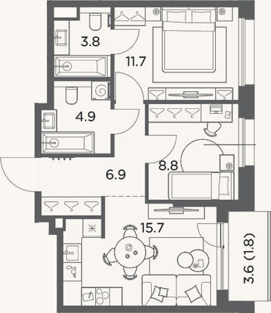 Планировка: 2-к, 51,8 м²