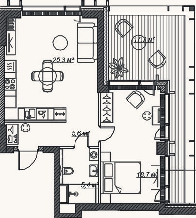 Планировка: 2-к, 55 м²