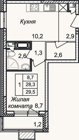 Планировка: 1-к, 28,3 м²
