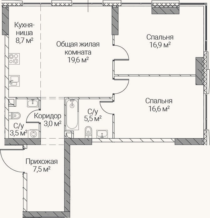 Планировка: 3-к, 81,3 м²