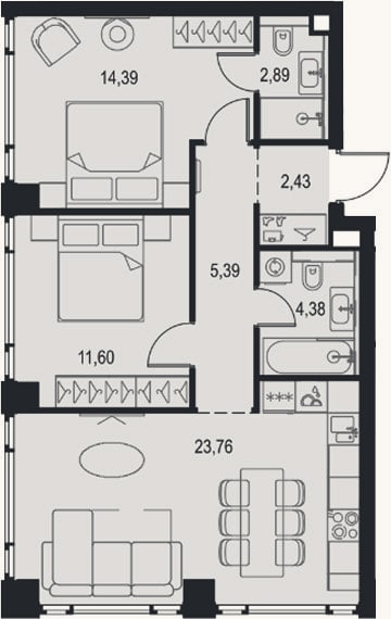 Планировка: 3-к, 64,8 м²
