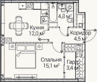 Планировка: 1-к, 39,4 м²