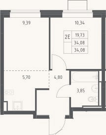 Планировка: 2-к, 34,1 м²