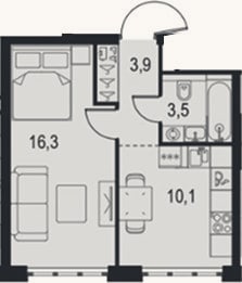 Планировка: 1-к, 33,8 м²