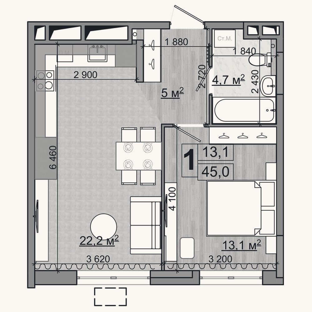 Планировка: 2-к, 45 м²