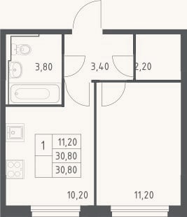 Планировка: 1-к, 30,8 м²