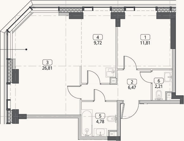 Планировка: 2-к, 61,8 м²