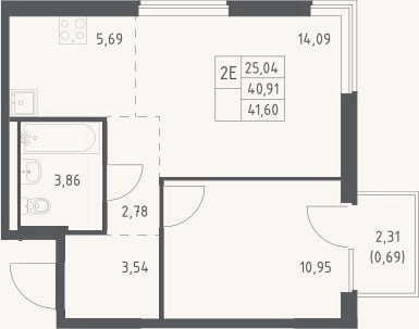 Планировка: 2-к, 40,9 м²