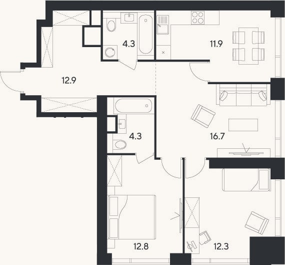 Планировка: 3-к, 75,2 м²