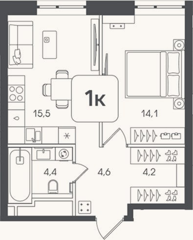 Планировка: 1-к, 42,8 м²