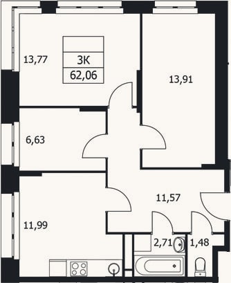 Планировка: 3-к, 62,1 м²