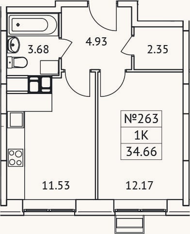 Планировка: 1-к, 34,7 м²